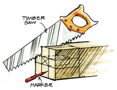 illustration of a saw cutting in to a board to form a tenon with a…